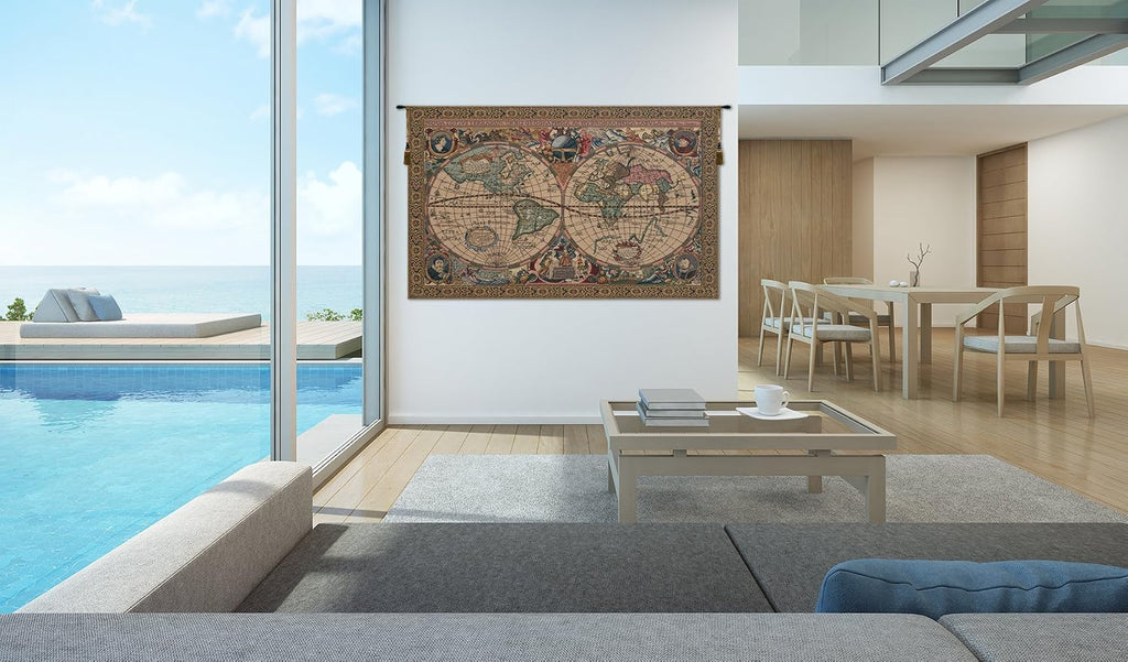C Charlotte Home Furnishings Inc Map Mercator Belgian Tapestry Wall Hanging | Viscose Cotton and Polyester Blend Wall Art | 22 in. x 33 in | Home Decor Accents