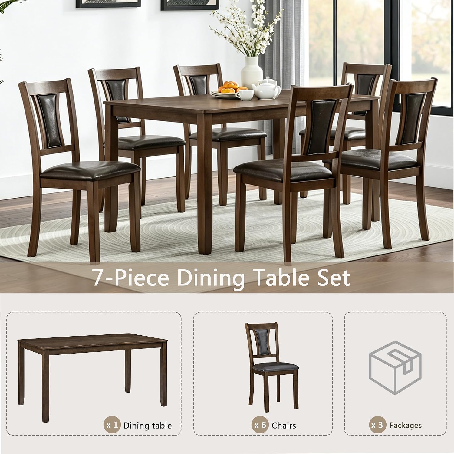 LUMISOL 7-Piece Modern Dining Table Set with Upholstered Chairs of 6, Wooden Rectangular Table for 6-8 People, Farmhouse Kitchen Set for Restaurant, Walnut