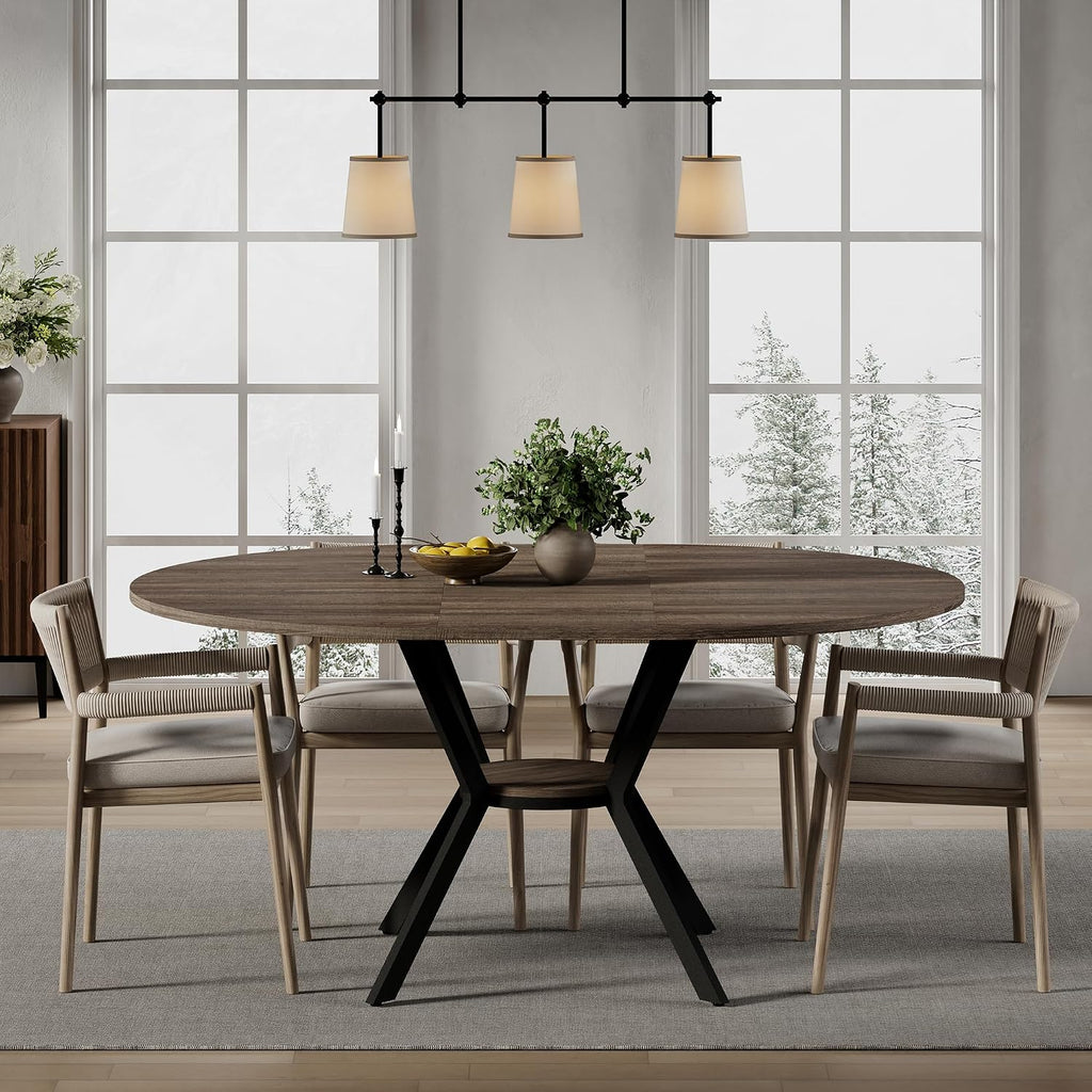 42'-58' Extendable Round Dining Table for 4-6, Kitchen Oval Table with Hidden Leaves & Storage Shelf, Space Saving Modern Design with Sturdy Metal Legs for Kitchen, Dining Room & Small Apartments