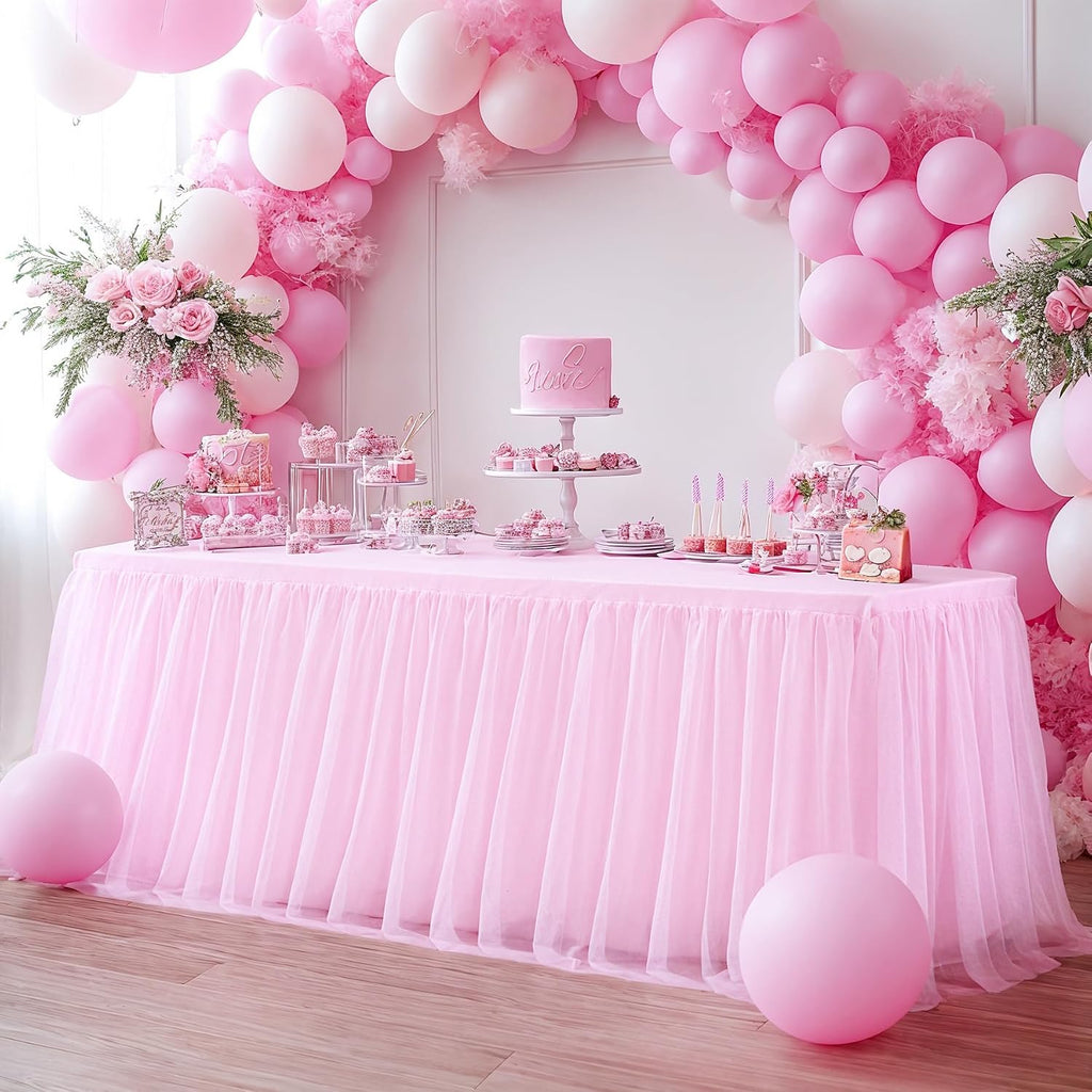 Pink Table Cloths for Parties Light Pink Tulle Tablecloth Rectangle, Pink Tulle Table Skirt Rectangle Table 6ft Fitted Table Covers Stretch Elastic Banquet Party Baby Shower Wedding Table Cloth 6 Foot