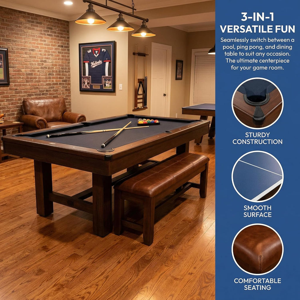 8ft Dining Pool Table Combo with Game Accessories, 3-in-1 Multi-Functional Game Table with Ping Pong & Dining Top & 2 Benches, for Play & Dining