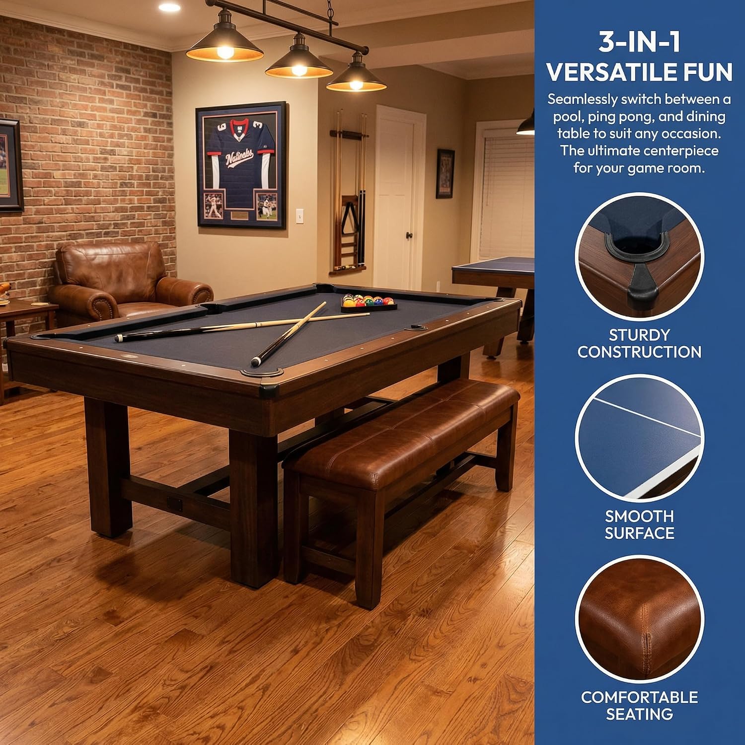 8ft Dining Pool Table Combo with Game Accessories, 3-in-1 Multi-Functional Game Table with Ping Pong & Dining Top & 2 Benches, for Play & Dining