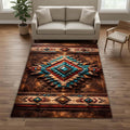 Southwestern Aztec Area Rug 5'x8' Brown Turquoise Rustic Western Ranch Carpet, 3D Tribal Design, Non Slip Washable Low Pile Rug for Living Room Bedroom