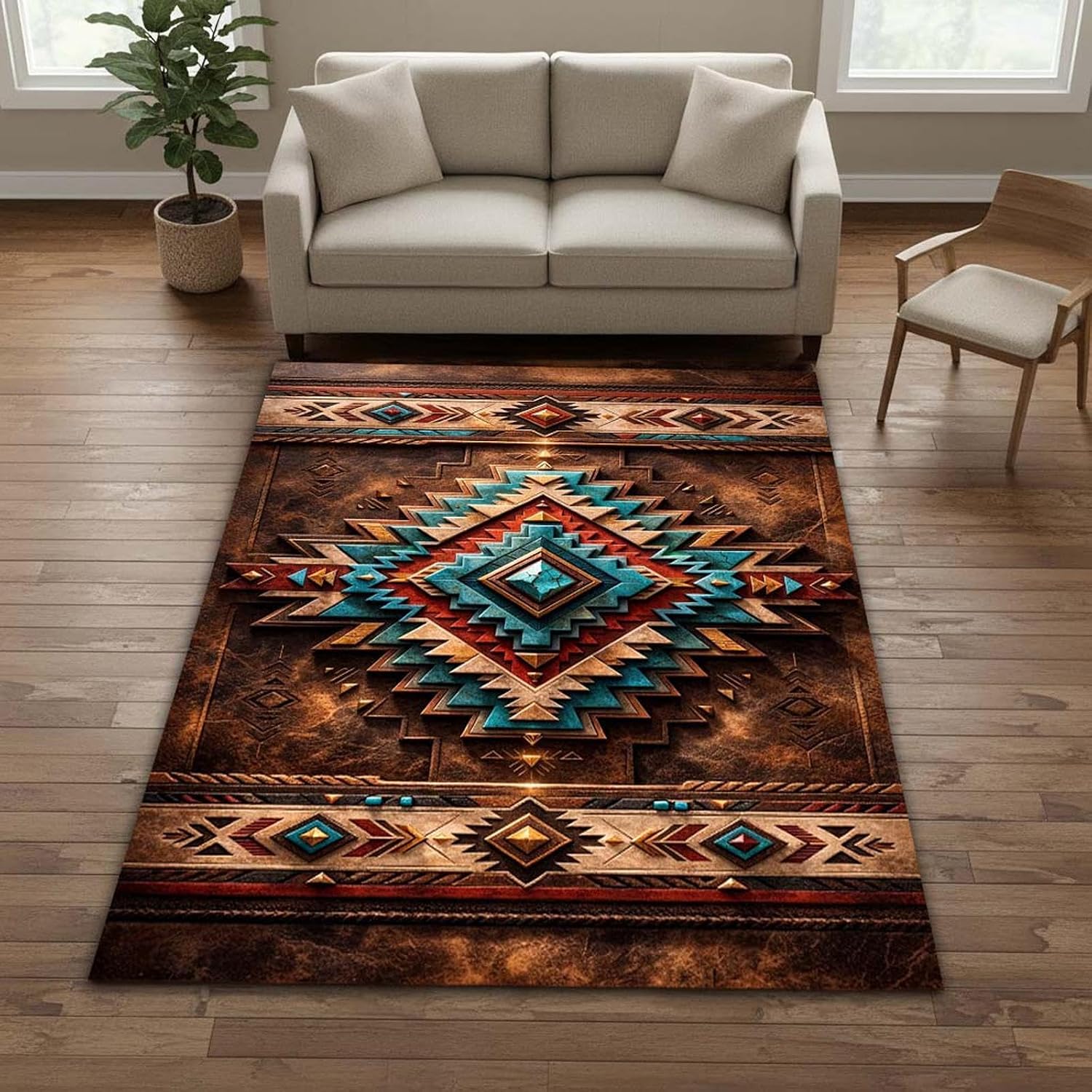 Southwestern Aztec Area Rug 5'x8' Brown Turquoise Rustic Western Ranch Carpet, 3D Tribal Design, Non Slip Washable Low Pile Rug for Living Room Bedroom