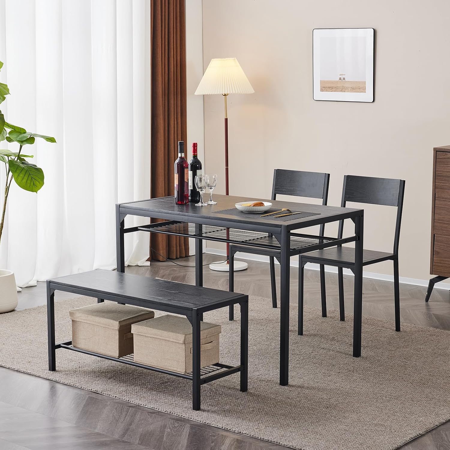 Karl home 4-Piece Dining Table Set for 4, Modern Kitchen Table Chairs Set for Small Space,Apartment, Storage Rack, Rectangular Table, Bench, 2 Chairs, Metal Frame-Retro Black