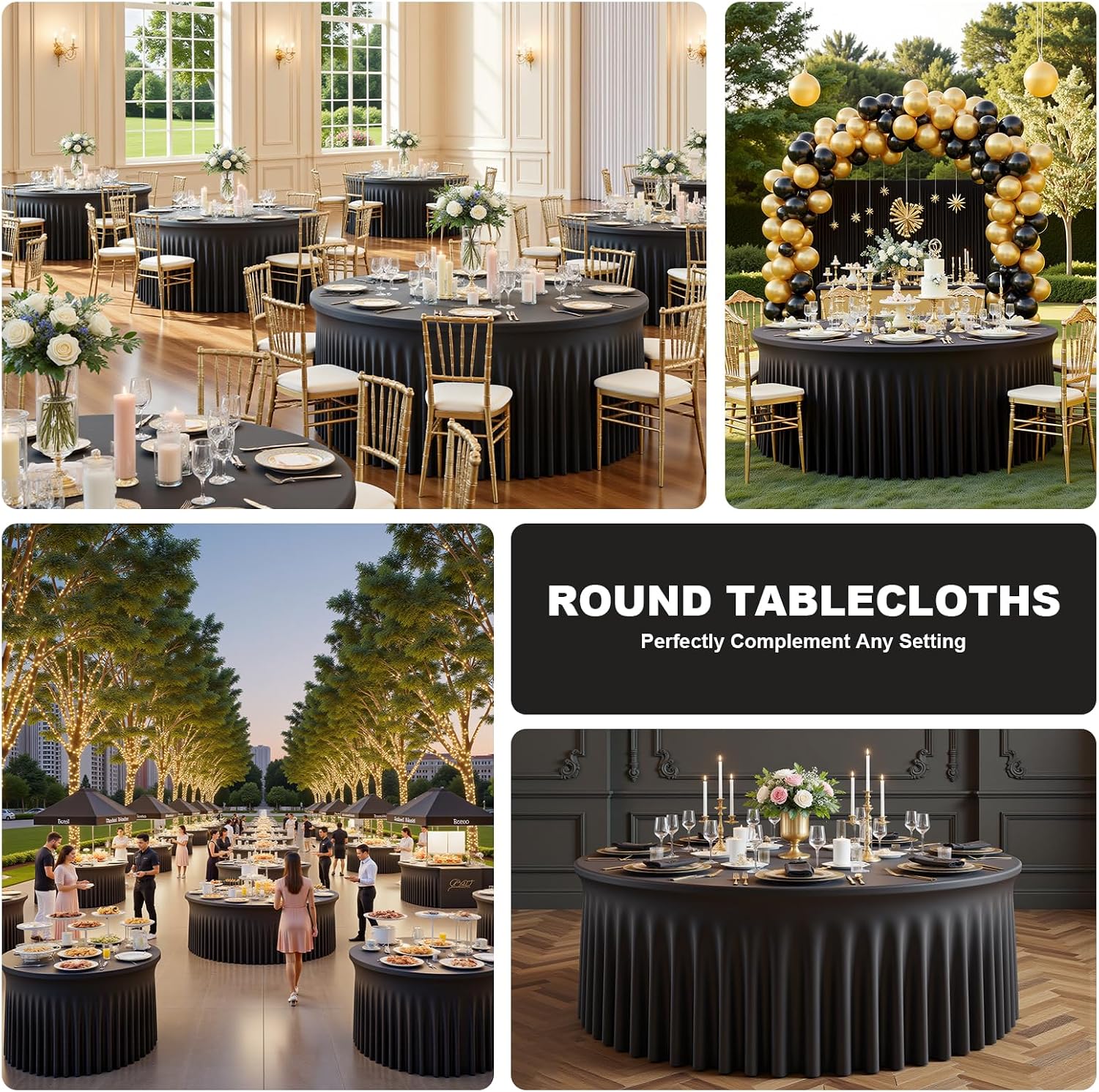 8 Pack Black Spandex Round Tablecloth Covers with Skirt for 72 Inch Table, Wrinkle Free Stretchy 6FT Fitted Cloth for Wedding Birthday Graduation Banquet Party Events Decor