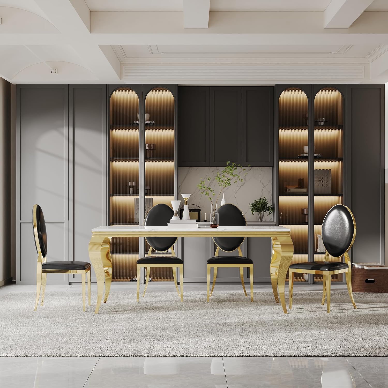 AF ARTISAN FURNITURE Modern Marble Dining Table Set of 6-70' Faux Marble Kitchen Table with 6 Leather Chairs, White Marble Top & Gold Mirrored Stainless Steel Legs, 6 Pieces Black High Back Chairs