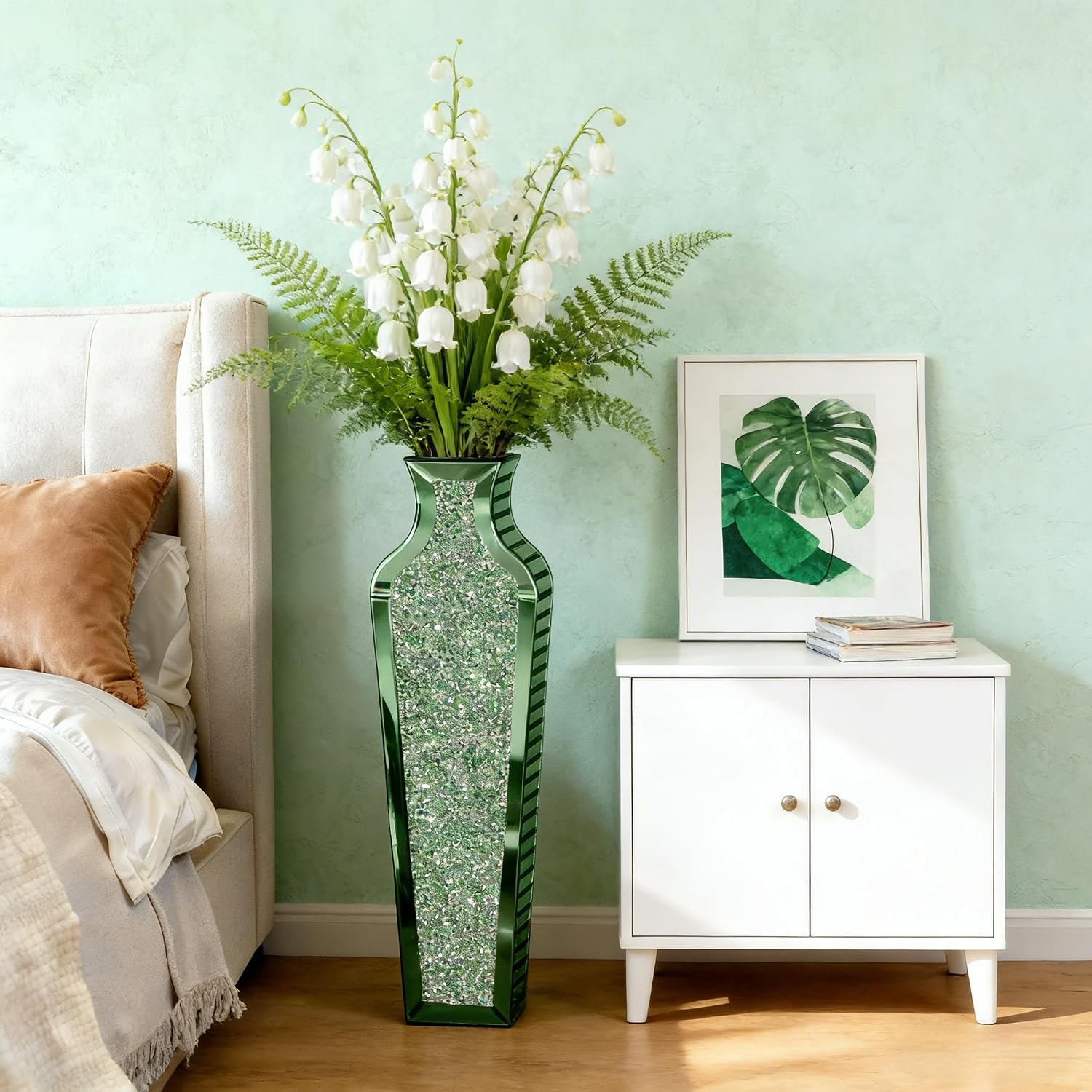 SHYFOY Green Crushed Diamond Floor Vase, Large Mirrored Tall Vases for Floor, Modern Glass Decorative Vases for Living Room Bedroom Home Corner Indoor Office, 26.8' Tall