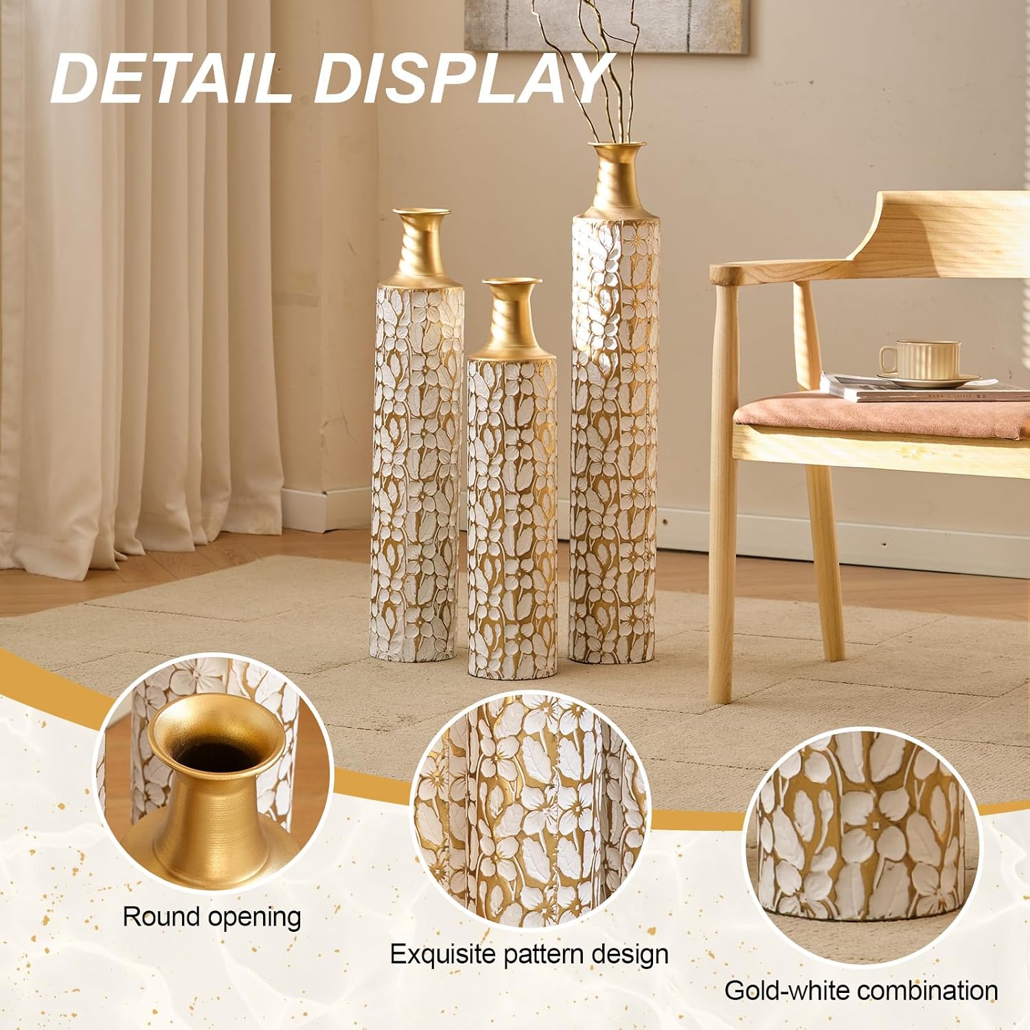 Floor Metal Decorated Vases Set of 3 for Gorgeous Home Decoration Large Glazed Metal Vases (Antique White)