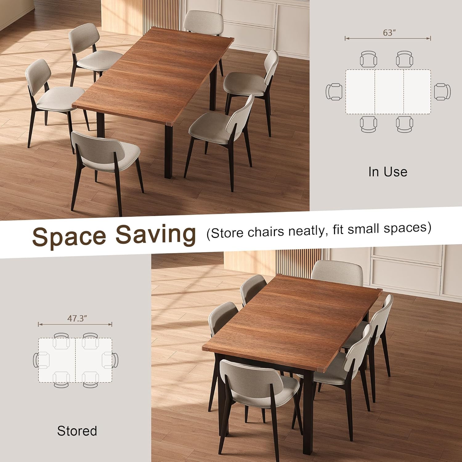 Einhomn Extendable Dining Table for 4-6, 63' Modern Kitchen Table, Farmhouse Dining Room Tables for Dining, Kitchen, Office, Living Room, Rectangular Wooden Tables, Space Saving (Walnut)