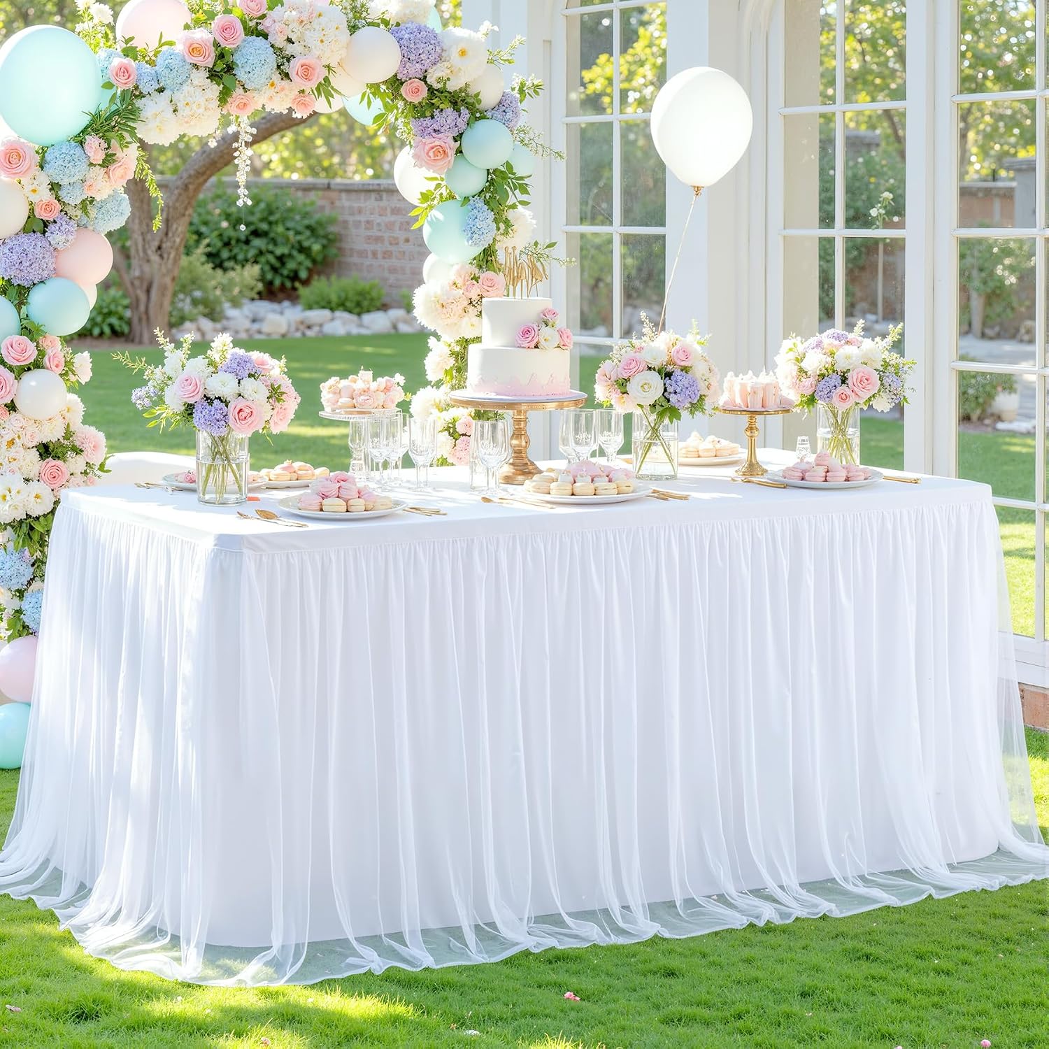 6 Pack White Table Cloth for 6 Foot Rectangle Tables, White Stretch Fitted Tulle Table Covers Skirt, Rectangular Ruffle Tutu Tablecloth Wedding Banquet Baby Shower Cake Tablecloths Decorations