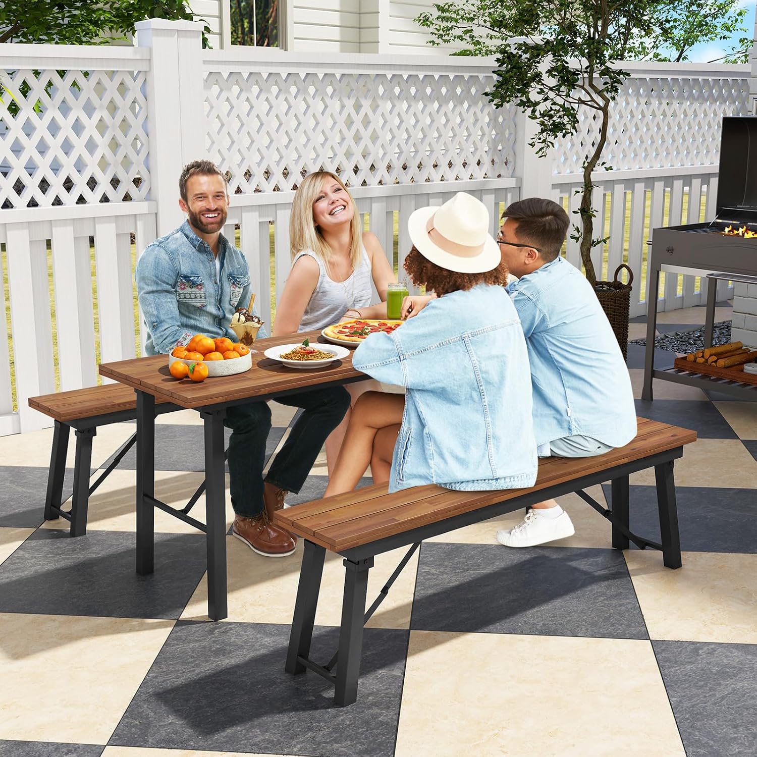 Tangkula 59' Narrow Outdoor Dining Table for 4-6, No Assembly Foldable Patio Dining Table with Acacia Wood Top & Heavy Duty Metal Frame, Portable Table for Yard, Garden, Poolside or Indoor (Natural)