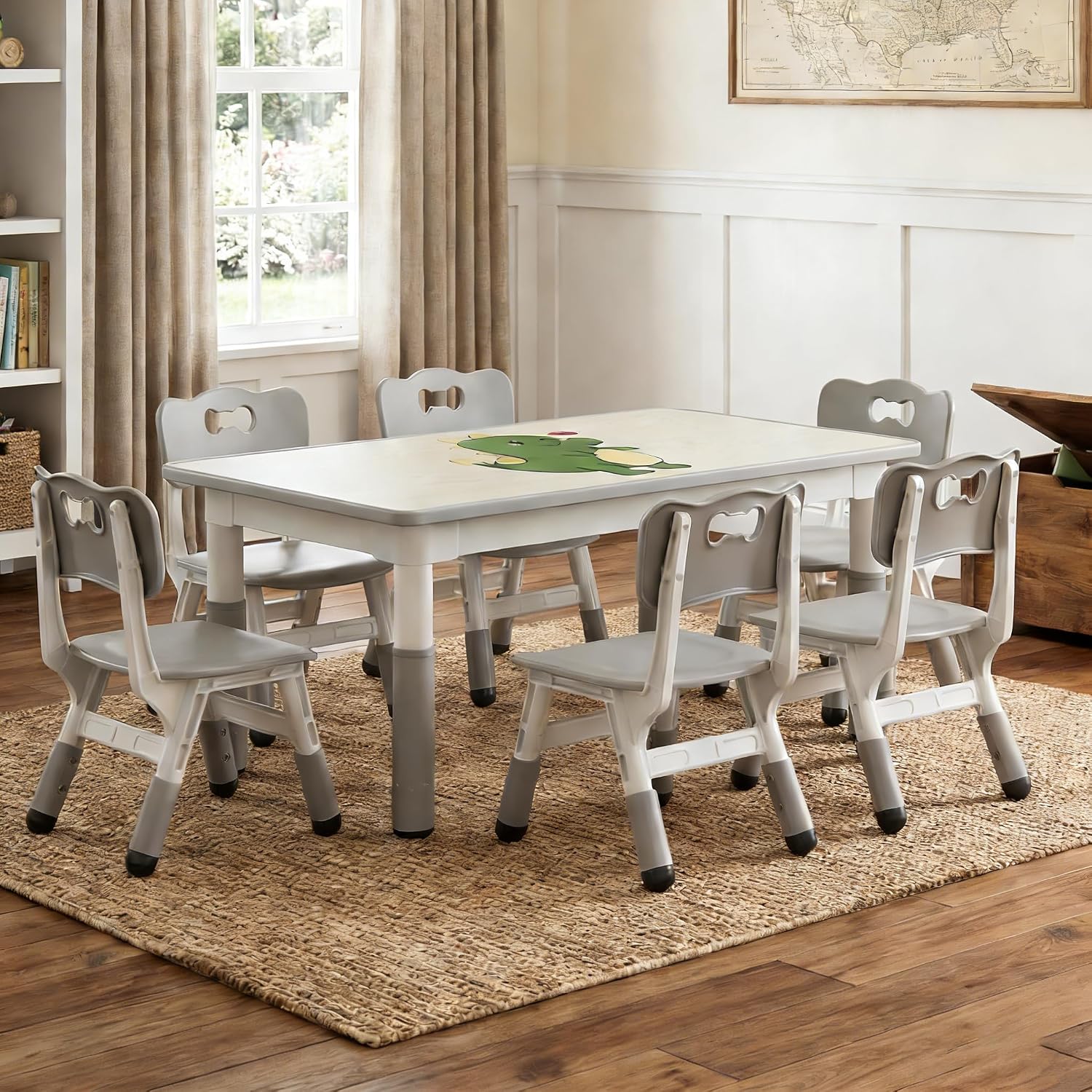 IDEALHOUSE Kids Table and 6 Chairs Set, Height Adjustable Toddler Table and Chair Set, Graffiti Desktop, Children Study Table for 6 for Home Daycare Preschool for Ages 2-10, Grey