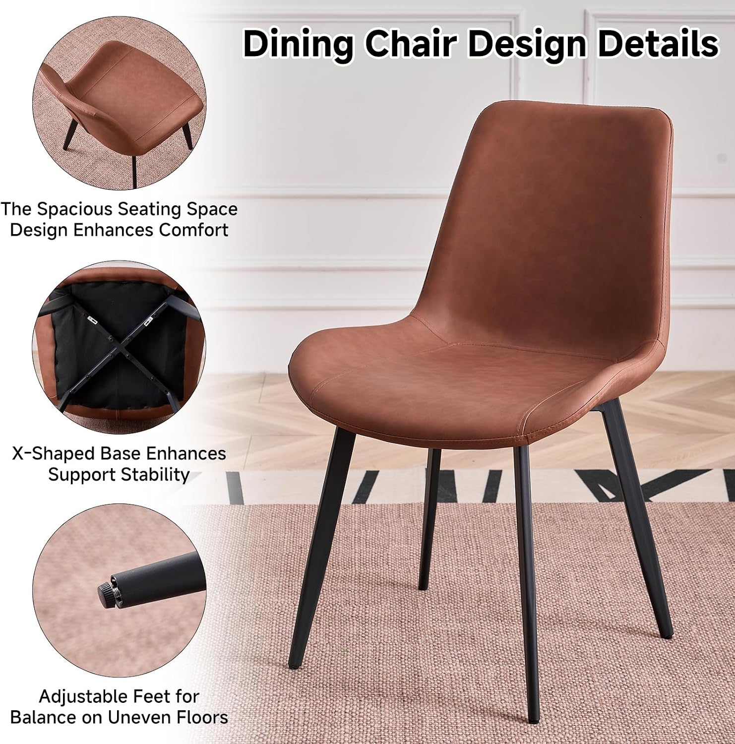 47 inch Round Dining Table Set for 4 Kitchen Table and Chairs Set Mid-Century Modern Kitchen Tables with Upholstered Synthetic Leather Chairs of 4(Walnut Table with 4 Brown Chairs)