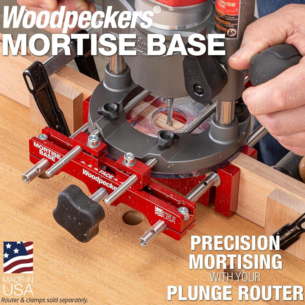 Woodpeckers Mortise Base, Dual-Fence Adjustable Router Base for Precise Mortising and Edge Guiding, Fits Plunge Routers with 1/4' Guide Rods, Aluminum & Stainless Construction, Made in USA MB-14