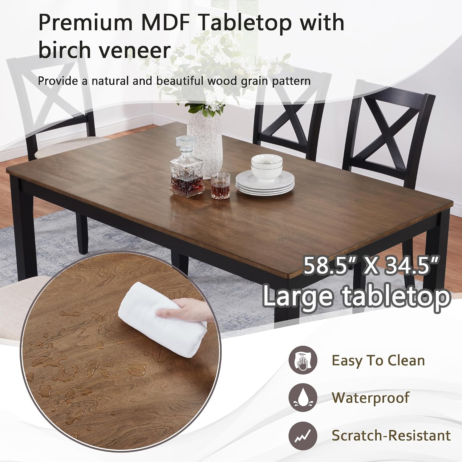 Harper & Bright Designs Dining Table Set for 6 with Bench, 6-Piece Farmhouse Kitchen Set in Black & Oak Two-Tone, Solid Wood Frame Table & 4 Chairs for Dining Room