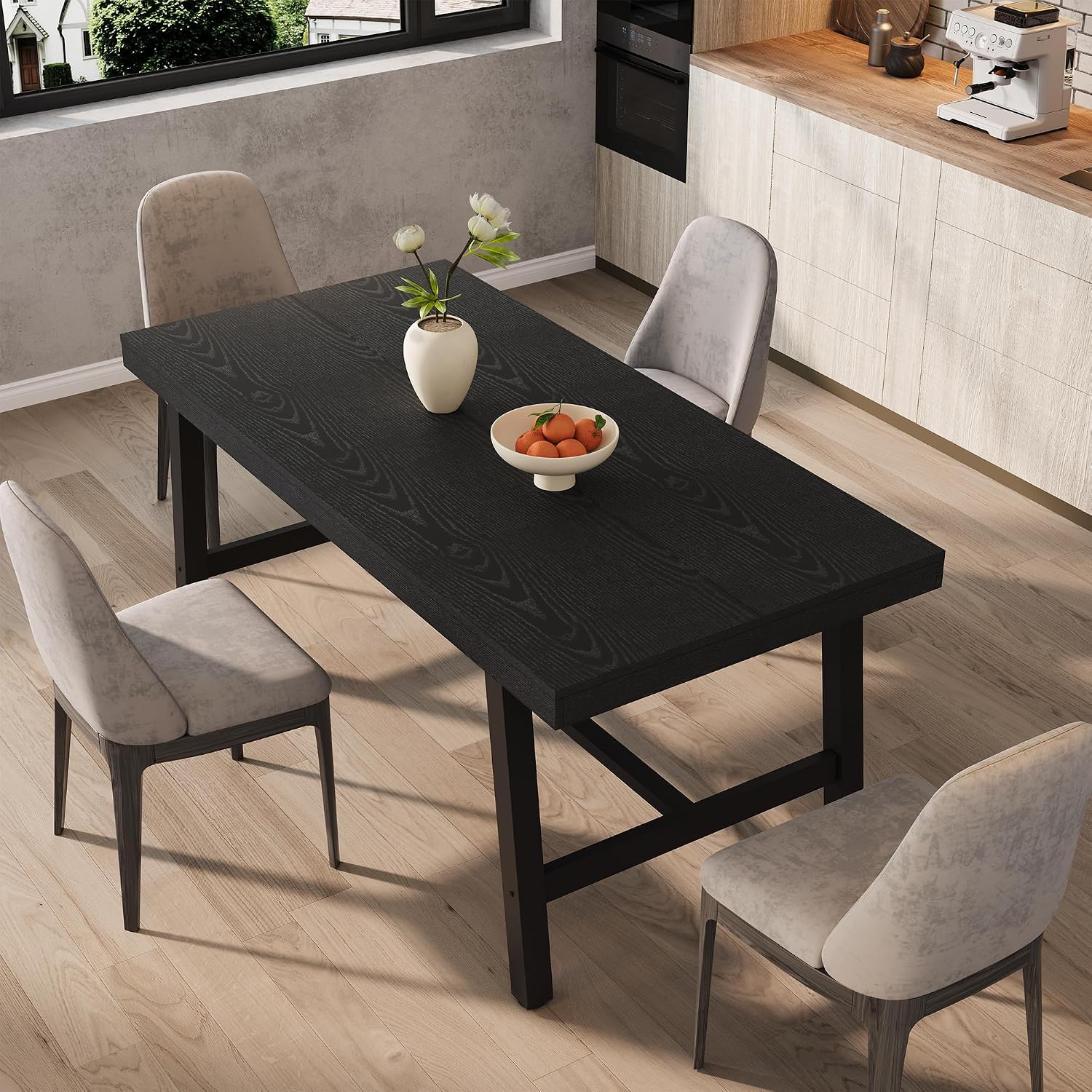 GarveeHome Industrial Dining Table for 4-6 People, 63' Long Large Kitchen Table with Sturdy Metal Frame, Rectangular Counter for Dinner, Kitchen, Dining Room (Black, 63' Non-extendable)