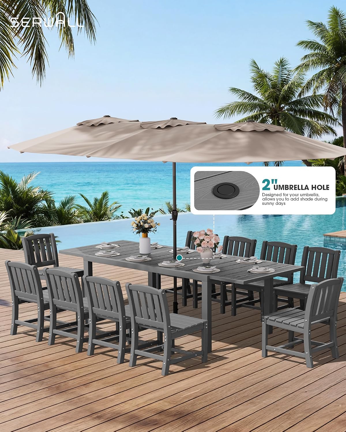 SERWALL Outdoor Dining Chairs Set of 2, All-Weather HDPE Patio Armless Chairs Suitable Outdoor Dining Table, Grey