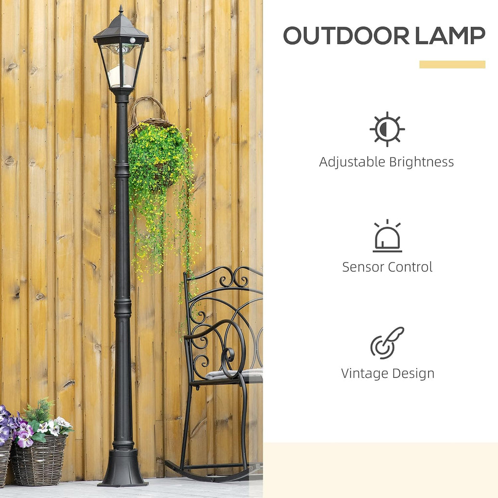 Outsunny 77' Solar Lamp Post Light, Waterproof Aluminum Outdoor Vintage Street Lamp, Motion Activated Sensor PIR, Adjustable Brightness, for Garden, Lawn, Pathway, Driveway, Black