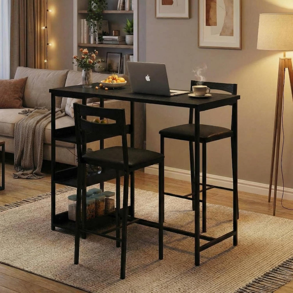 GarveeHome 3-Piece Kitchen Table Set with Storage Shelves & 2 Upholstered Chairs - Iron and Wood Dining Table for Small Spaces, Apartments, Condos, Black