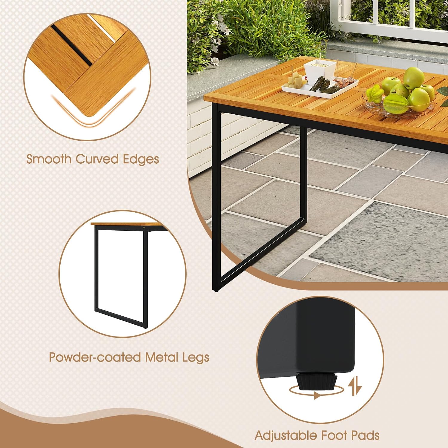 HAPPYGRILL Acacia Wood Patio Dining Table for 6 People, 55 inch Rectangle Patio Table with Slatted Tabletop, Metal Frame & Umbrella Hole, Outdoor Dining Furniture for Yard, Garden, Poolside