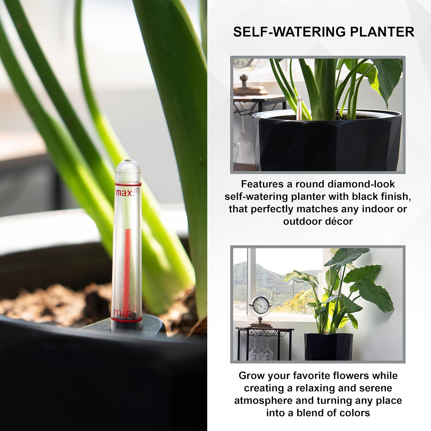XBrand 30' H Black Plastic Self Watering Indoor Outdoor Diamond Look Round Planter Pot, Tall Decorative Gardening Pot, Home Décor Accent