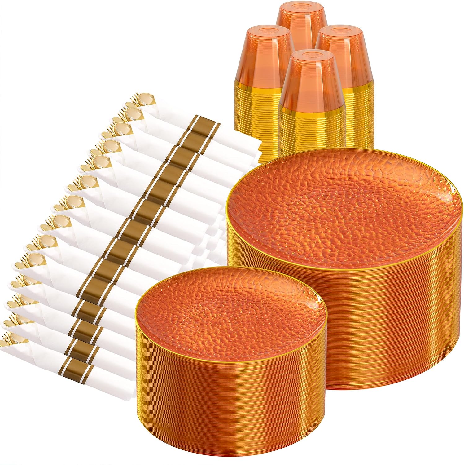 Rubtlamp 700Pcs Amber Gold Plastic Dinnerware Set, Hammered Clear Gold Plates, Fancy Plastic Plates Include 100 Dinner Platos, 100 Salad Platos, 100 Cups,100 Pack Pre Rolled gold plastic Silverware