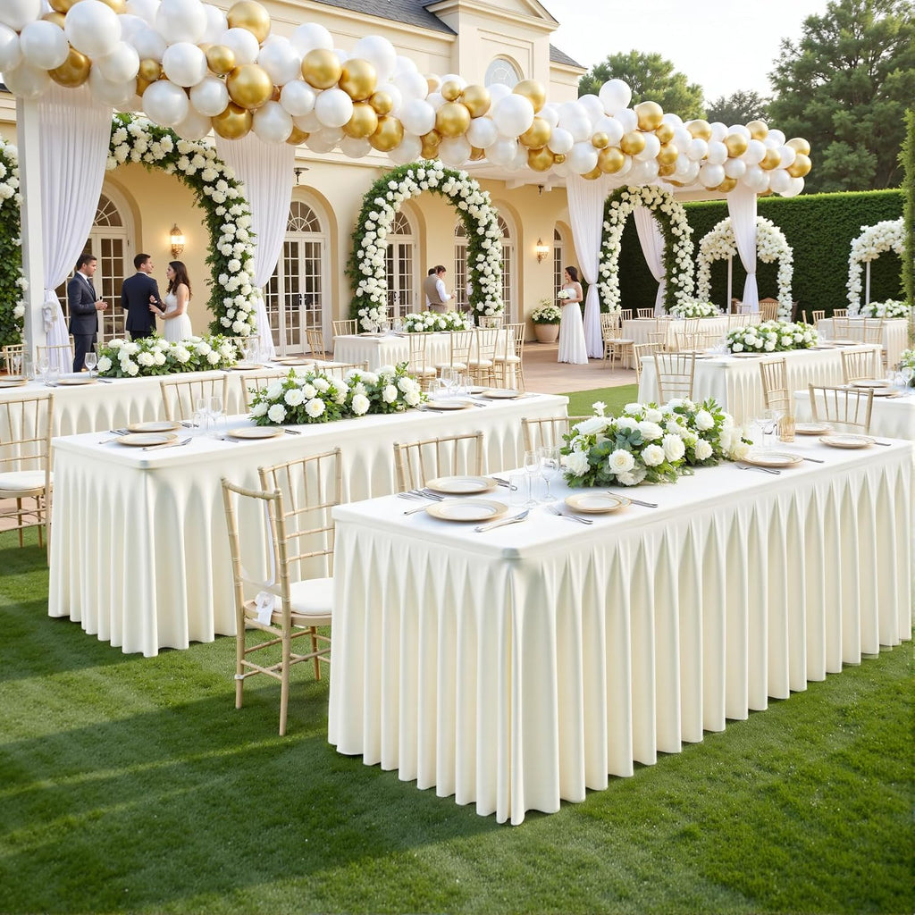 6 Pack Ivory Rectangle Tablecloth 8 FT Stretch Spandex Fitted Table Cloth for 8 Foot Rectangle Tables Banquet Tablecloths Wrinkle Free Table Cover Skirt Ruffle Tablecloth for Party Wedding Birthday