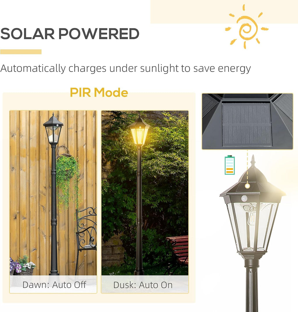 Outsunny 77' Solar Lamp Post Light, Waterproof Aluminum Outdoor Vintage Street Lamp, Motion Activated Sensor PIR, Adjustable Brightness, for Garden, Lawn, Pathway, Driveway, Black