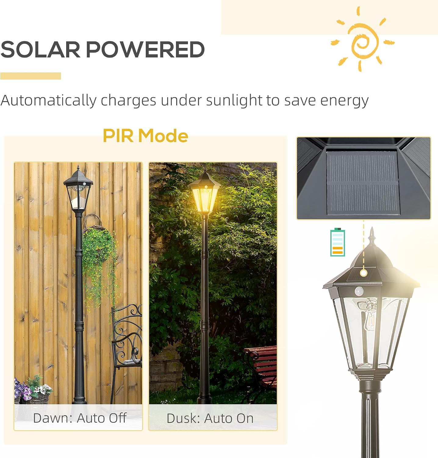 Outsunny 77' Solar Lamp Post Light, Waterproof Aluminum Outdoor Vintage Street Lamp, Motion Activated Sensor PIR, Adjustable Brightness, for Garden, Lawn, Pathway, Driveway, Black
