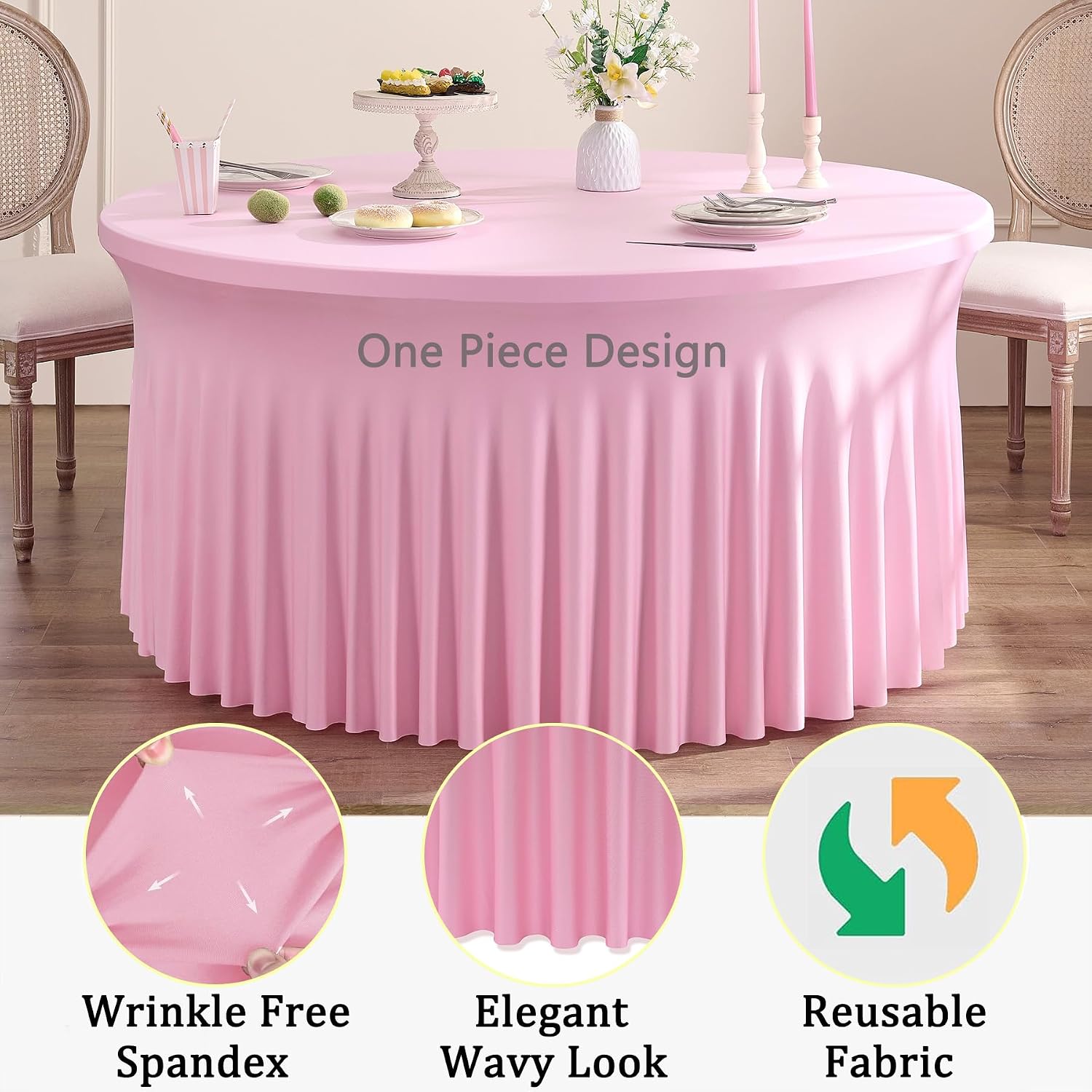 8 Pack Baby Pink Spandex Round Tablecloths for 72 inch Table, Wrinkle Free 132inch Stretchy Fitted 6FT Round Table Cloths Cover with Skirt for Wedding Party Dining Banquet Events