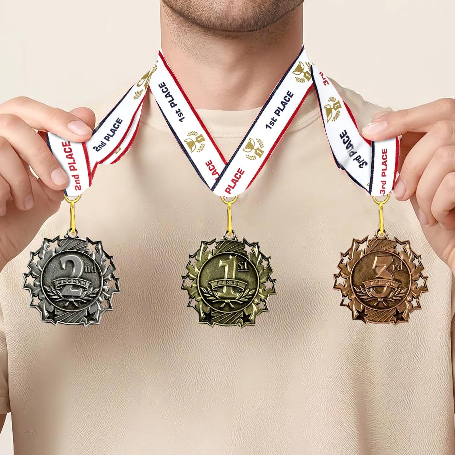 All Quality 1st 2nd 3rd Place Ten Star Award Medals - 3 Piece Set (Gold, Silver, Bronze) Includes Neck Ribbon