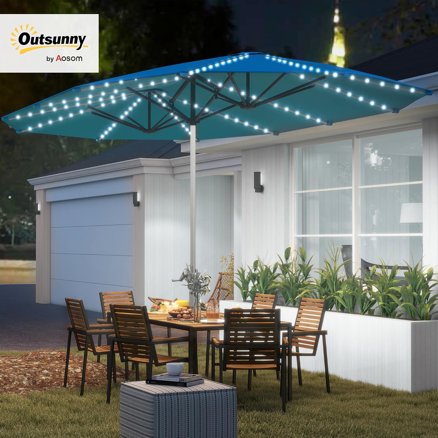 Outsunny 15ft Extra Large Patio Umbrella with Bright Solar Lights, Aluminum UPF50+ Double-Sided Outdoor Table Market Umbrella with Fiberglass Ribs Crank Air Vents for Backyard Deck Pool