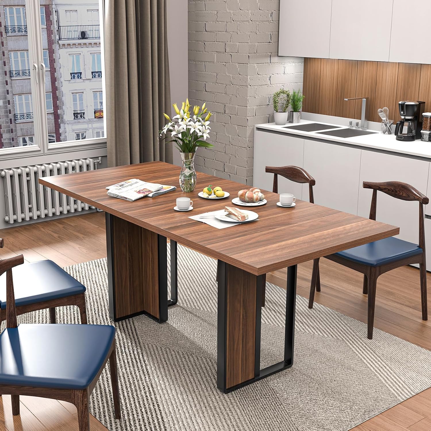 Bigbiglife 71 inch Dining Table for 6-8, Farmhouse Kitchen Table with Large Tabletop, Rectangular Dinner Eating Table W/Thickness Waterproof Wood Tabletop & Foot Pad, for Kitchen, Dining Room, Brown