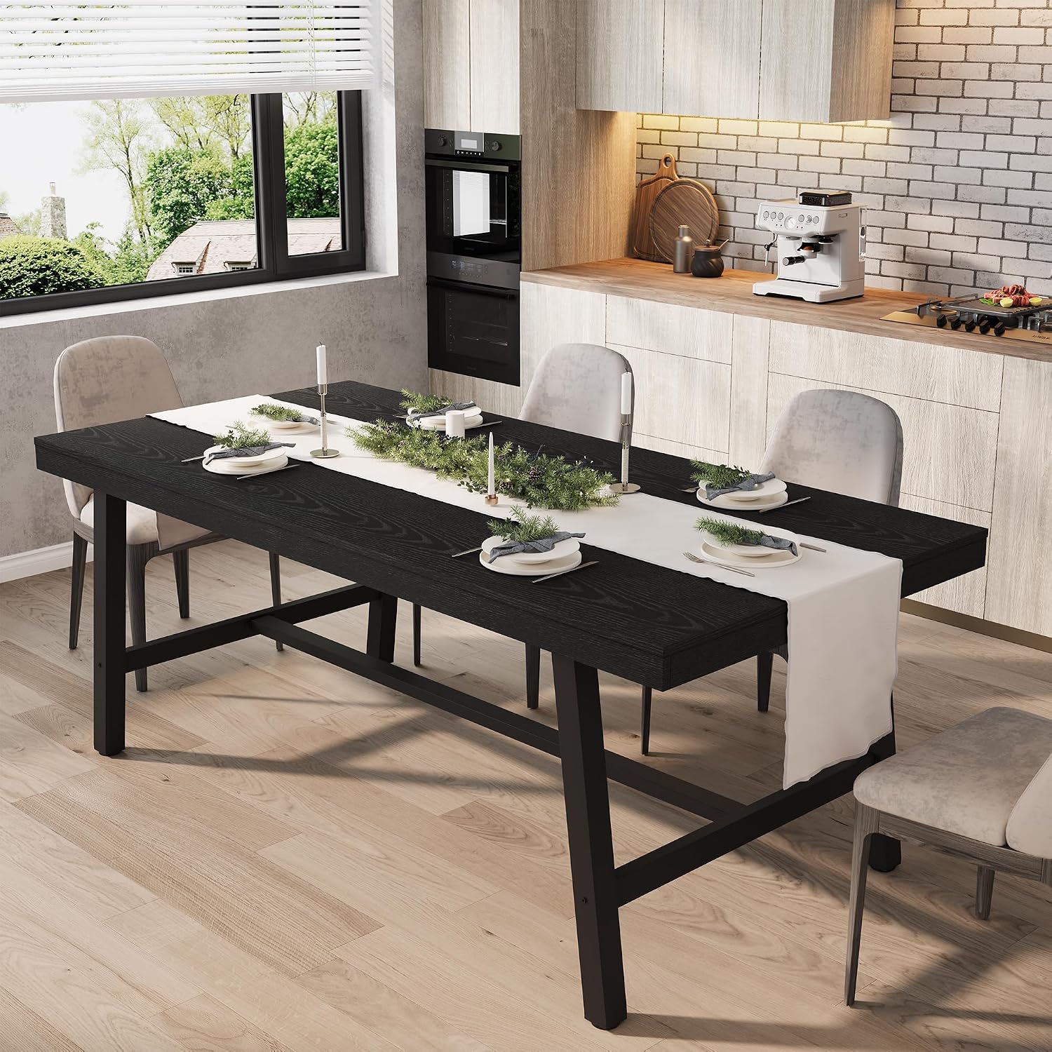 GarveeHome Industrial Dining Table for 6-8 People, 70.87' Long Large Kitchen Table with Sturdy Metal Frame, Rectangular Counter for Dinner, Kitchen, Dining Room (Black, 71' Non-extendable)