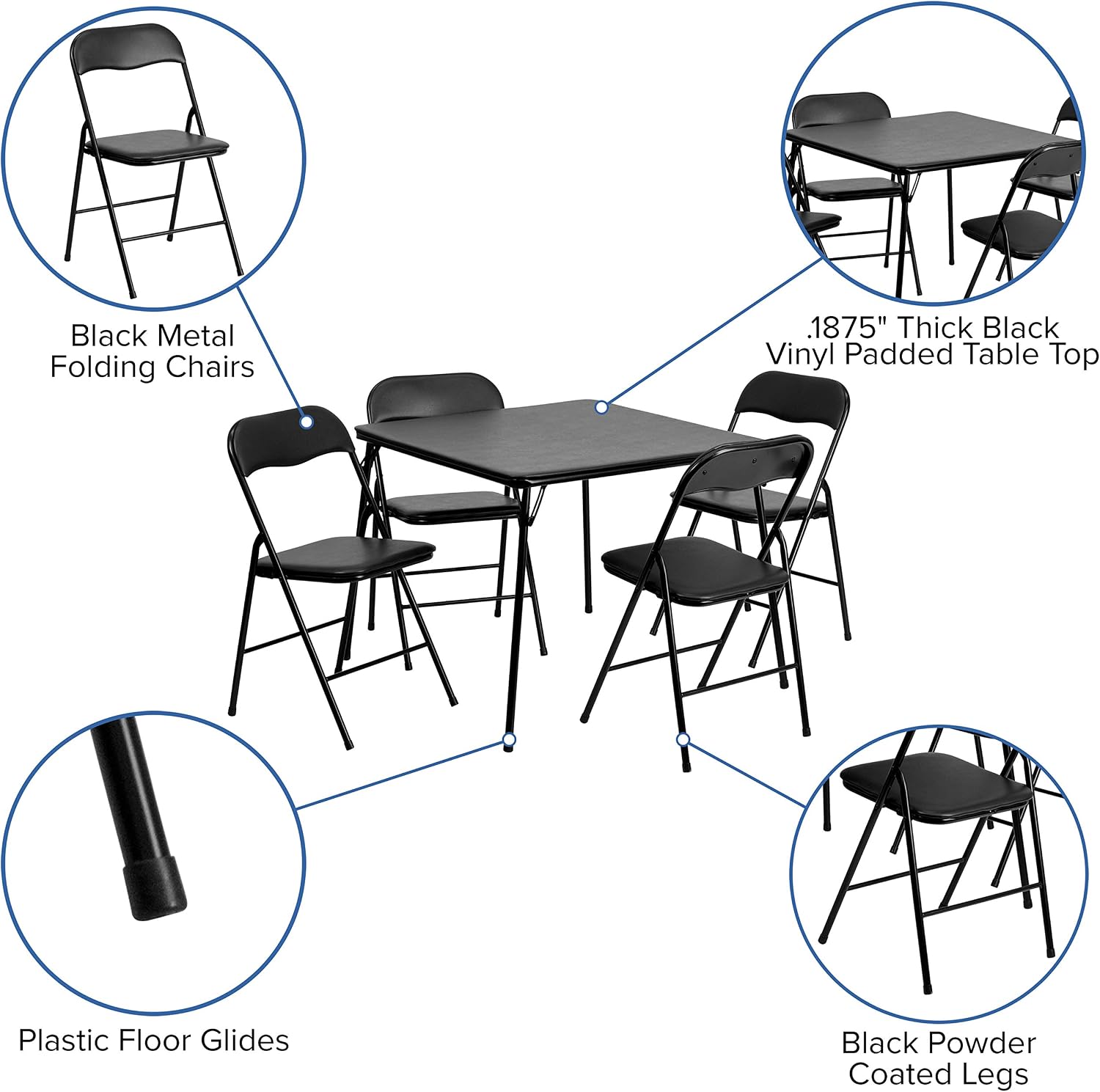 EMMA + OLIVER 5-Piece Multipurpose Folding Card Table and Chairs Set for 4 Players, Padded Top Portable Square Folding Table and Chairs Set, Black