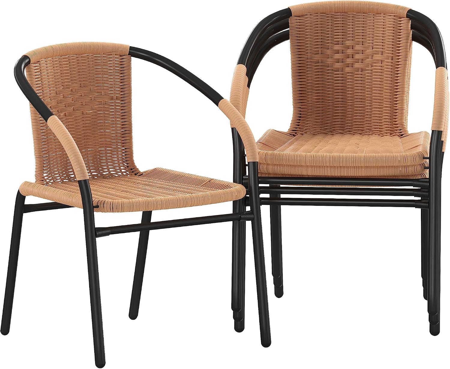 EMMA + OLIVER Set of 4 Modern PE Rattan Stack Chairs, Indoor/Outdoor Patio Dining Chairs, No Assembly Required, Beige