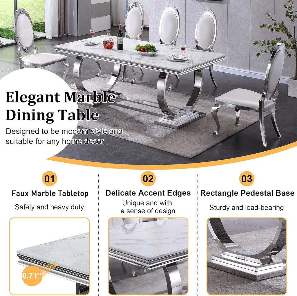 68' White Marble Dining Table for 6-8, Mid Century Modern Dining Table with Faux Marble Top & Silver O Shape Stainless Steel Base,Large Luxury Rectangular Dinner Table for Kitchen Dining Room