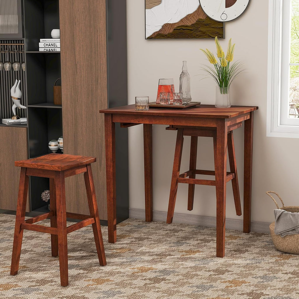 Giantex Bar Table and Chairs Set - 3-Piece Counter Height Dining Table Set with Hangable Bar Stools, Wood Veneered Tabletop, Rubber Wood Legs, Space Saving Dinette Set, Breakfast Nook Table Set, Brown