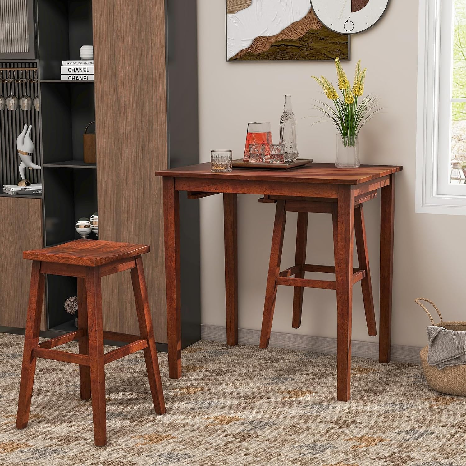 Giantex Bar Table and Chairs Set - 3-Piece Counter Height Dining Table Set with Hangable Bar Stools, Wood Veneered Tabletop, Rubber Wood Legs, Space Saving Dinette Set, Breakfast Nook Table Set, Brown