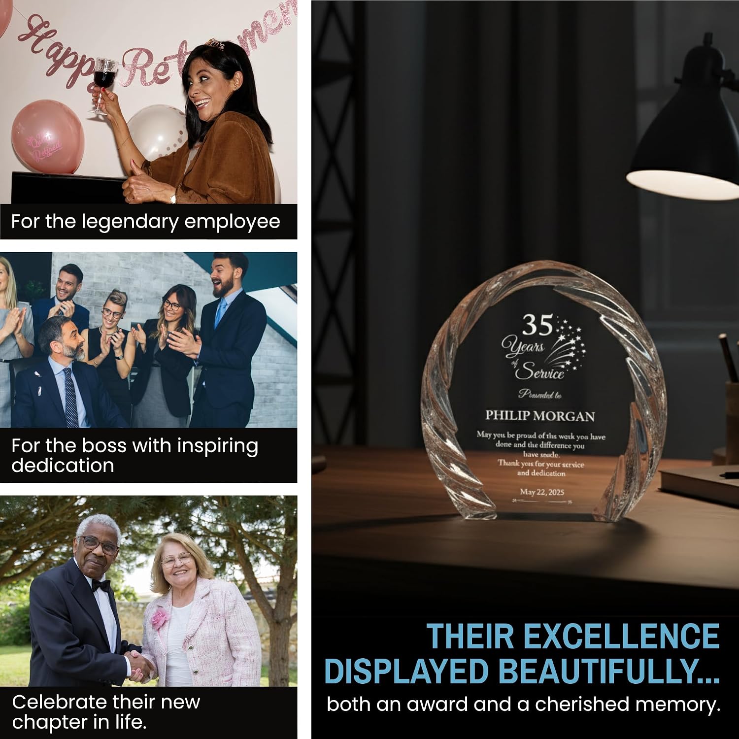 Personalized Acrylic Retirement Gifts For Men and Women, Laser Engraved Custom Trophy for Service Recognition, Years Of Service Retirement Trophy Award for Boss, Employee, Teacher (Oval Crystal)