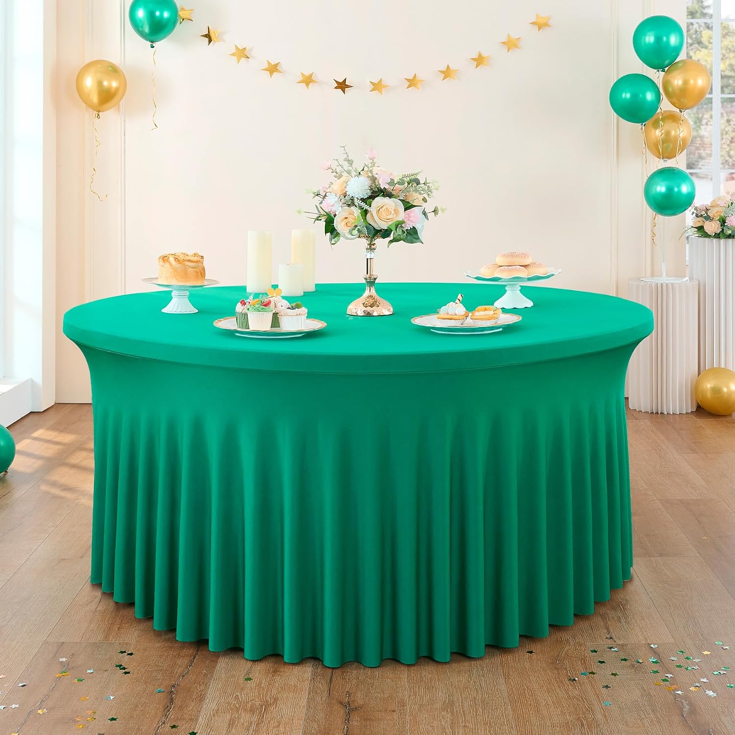 8 Pack Emerald Green Spandex Round Tablecloths, Stretchy 132inch Fitted 6FT Round Table Cloths, Wrinkle Free Table Cover with Skirt for Wedding Party Dining Banquet