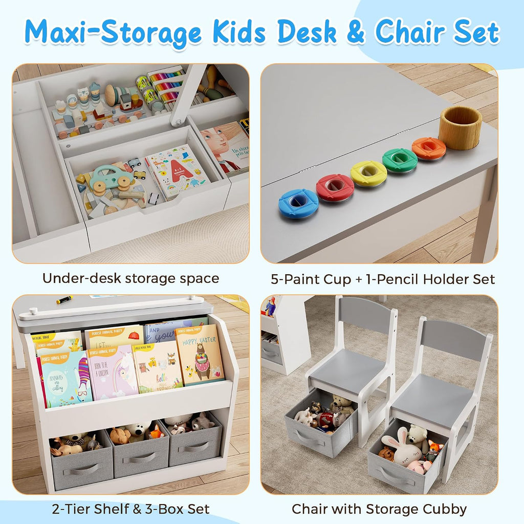 5-in-1 Kids Art Table and Chairs, Toddler Table and Chair Set, Craft Play Desk for Kids, Convertible Art Easel with Paper Roll Holder & Storage Drawers, Children Activity Learning Center-Gray