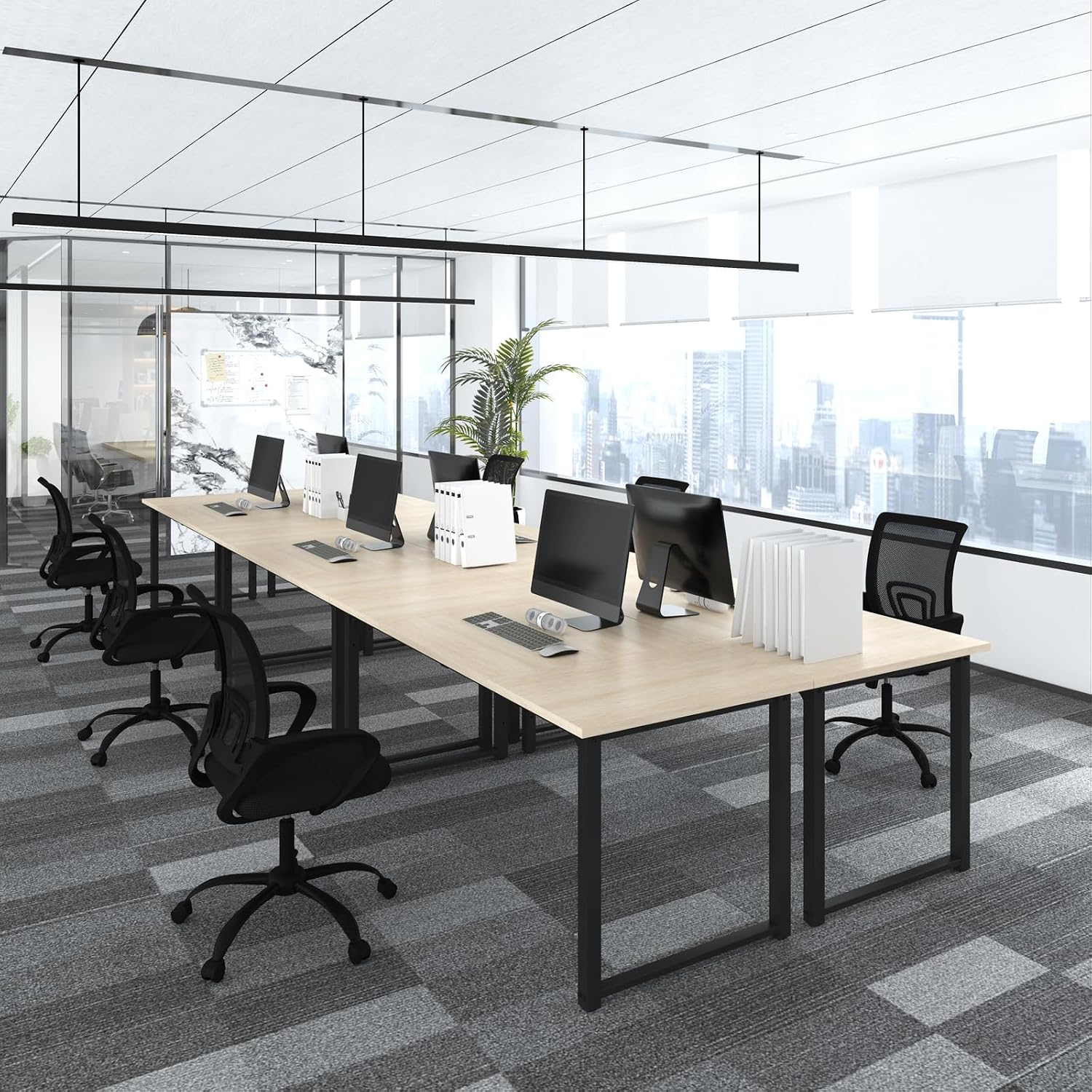Bonzy Home 12FT Conference Table, Modern Large Meeting Table Office Desks for 16 Person, Long Rectangle Table with Sturdy Metal Frame, 4 PCS, 142' D x 64' W x 30' H, Natural