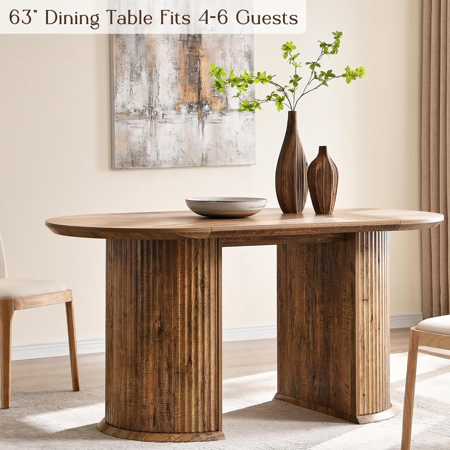 T4TREAM 63' Fluted Oval Dining Table for 4-6, Mid-Century Modern Kitchen Table with Thickened Edge & Semi-Cylindrical Base, Wood Table for Dining Room/Kitchen/Home Office,Gold Rustic Brown(Table Only)
