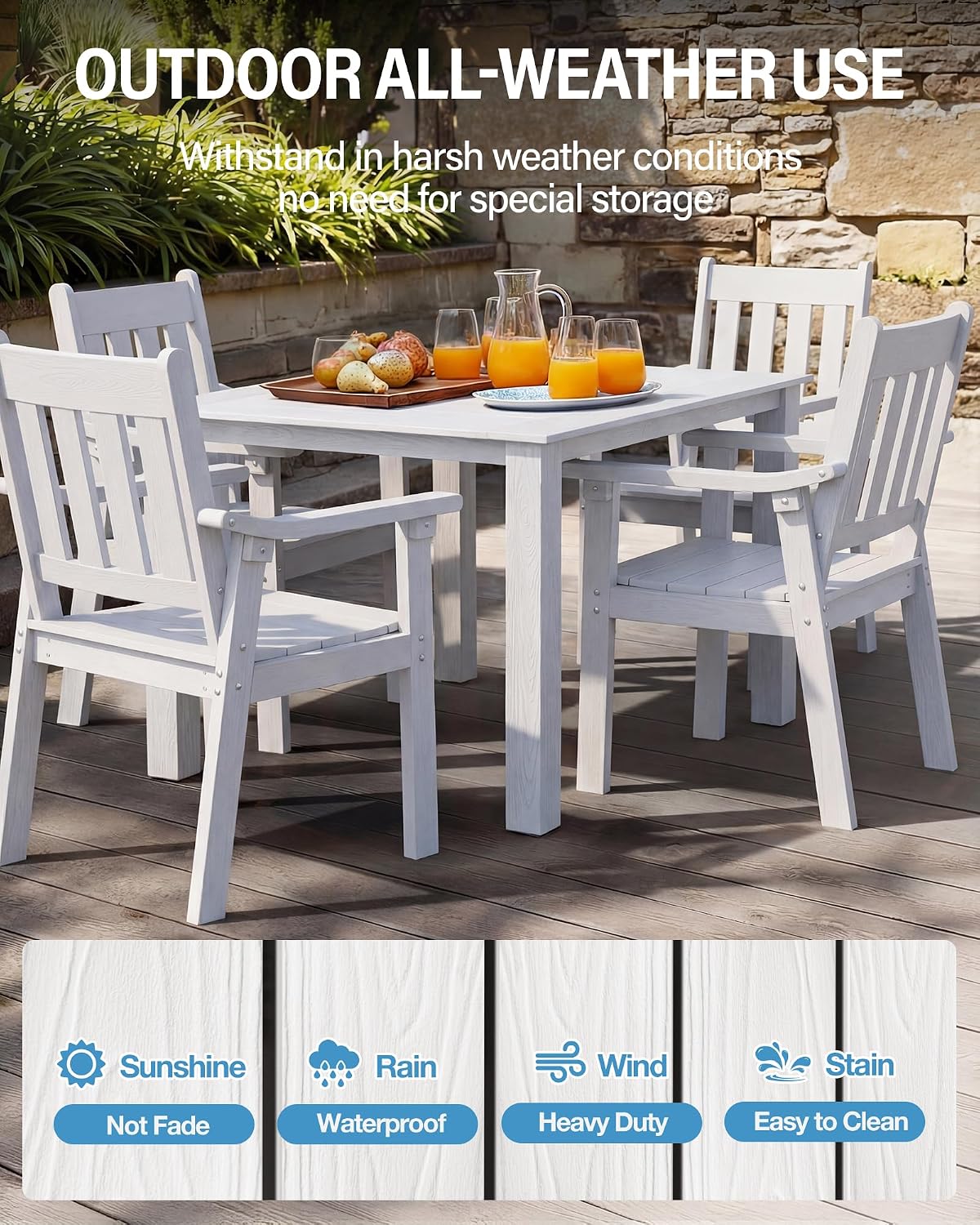 YEFU HIPS Patio Table Set: 5 Piece Outdoor Square Table and Chairs with Metal Aluminum Frame - White Modern Plastic Patio Dining Furniture Set 4 Person for Outside Deck