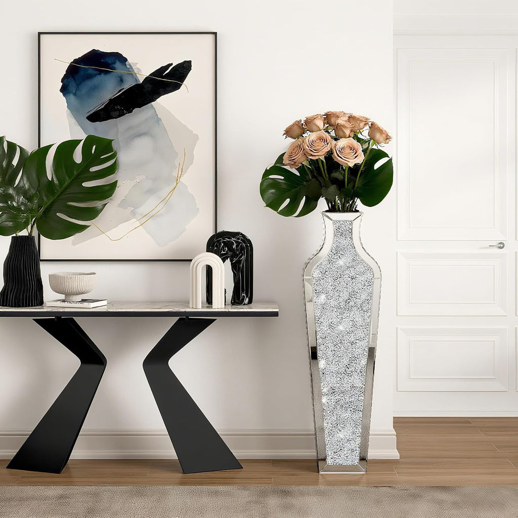 SHYFOY 43' Extra Large Floor Vase Oversized Crushed Diamond Mirrored Vase Silver Big Crystal Vases for Home Decor Living Room Floor