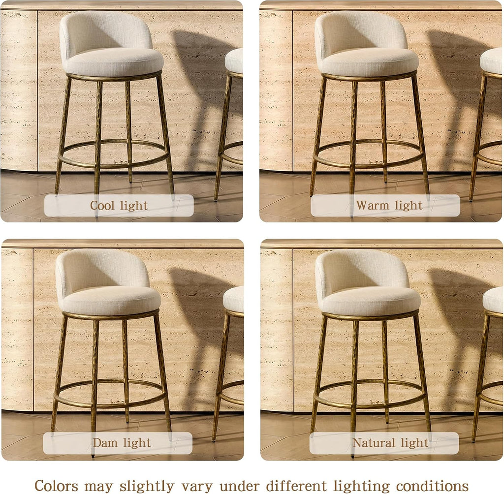 Morden Fort Modern Counter Height Bar Stools Set of 2, 26' Hand-Hammered Gold Bar Stools with Backs, Linen Upholstered Designer Island Chairs for Kitchen Counter, Antique Gold
