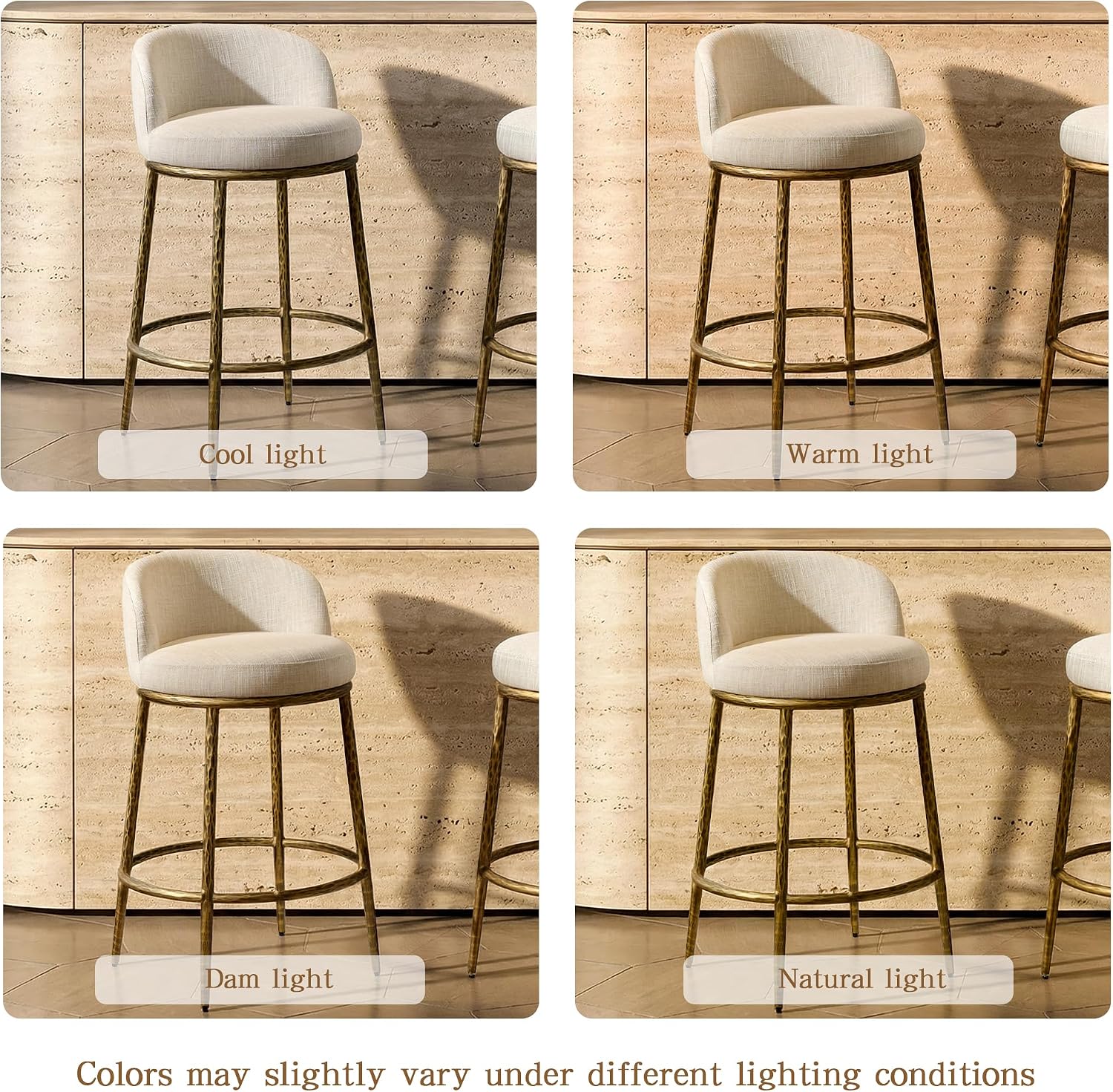 Morden Fort Modern Counter Height Bar Stools Set of 2, 26' Hand-Hammered Gold Bar Stools with Backs, Linen Upholstered Designer Island Chairs for Kitchen Counter, Antique Gold