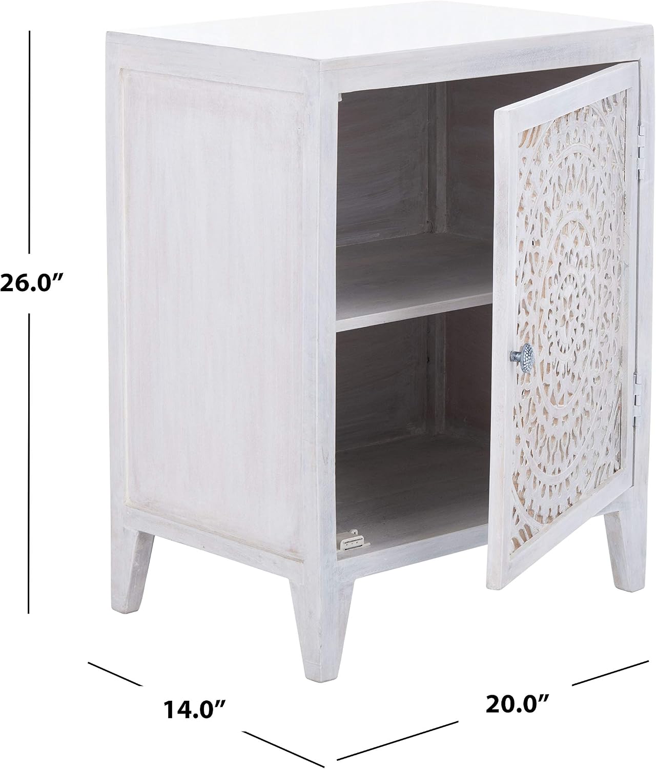 SAFAVIEH Furniture - Thea 1-Door Carved Nightstand - White Washed - Mango Wood - Artisan Global Design - Ideal for Bedroom, 20'W x 14'D x 26'H - Fully Assembled (NST5300C)